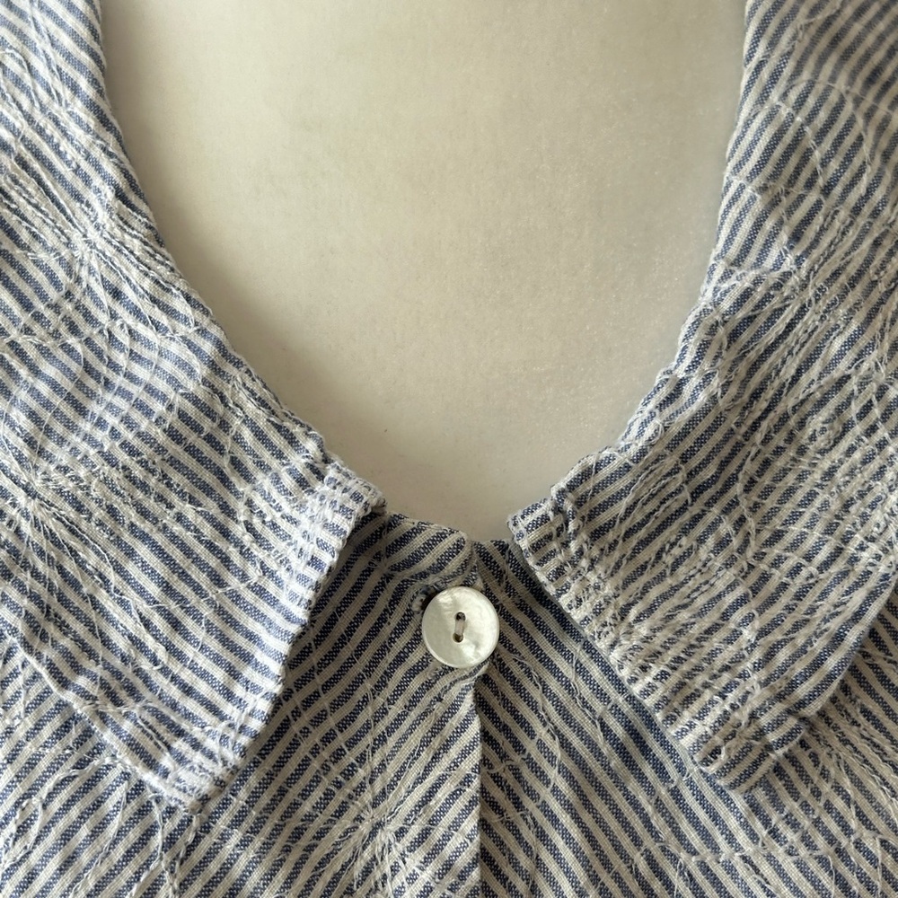 FLAX Blouse Striped Gray Blue Button-Up Linen Top Embroidered Floral Size M - Picture 5 of 9